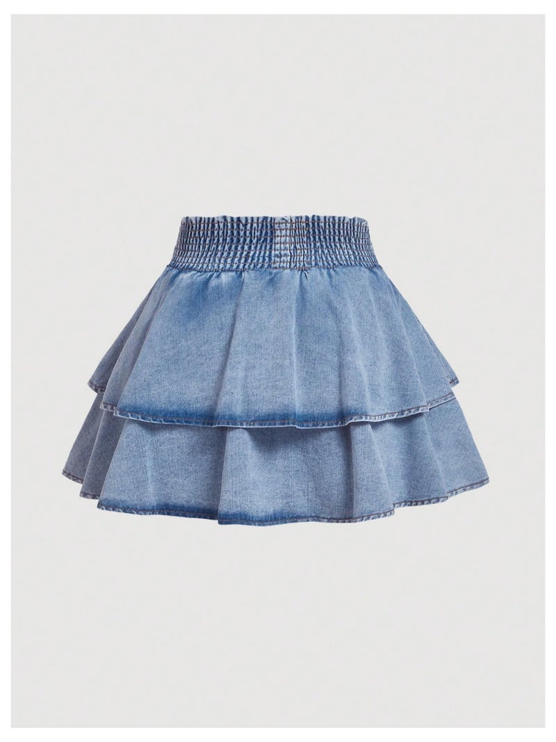 WDIRARA Women's Plus Size Bow Mini Denim Skirt Layered Ruffle Elastic Waist A Line Jean Skirts Light Wash XX-Large Plus - Image 2