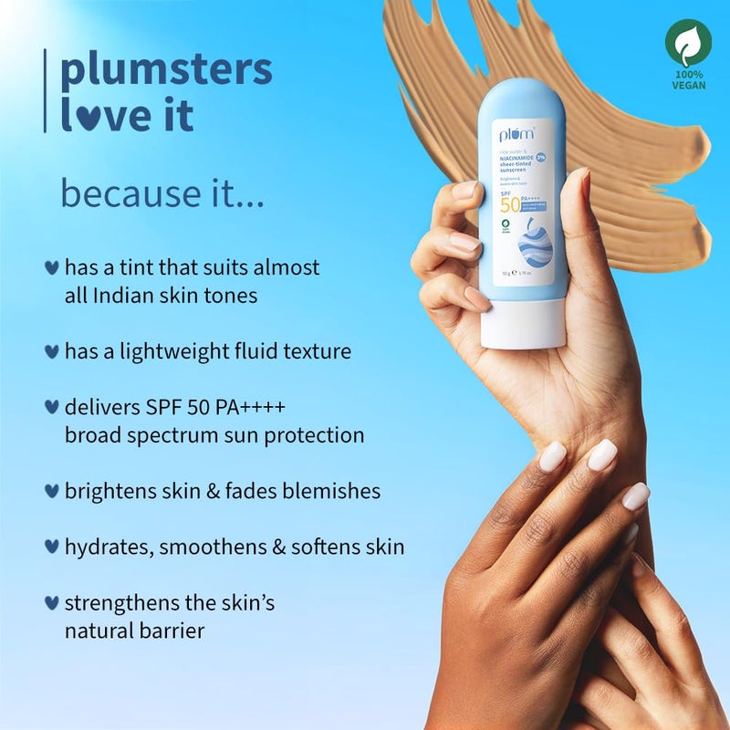 Plum ماء الأرز البرقوق 3 نياسيناميد واقي شمس شفاف SPF 50 PA مناسب لمعظم درجات لون البشرة الهندية تغطية شفافة غير دهنية للنساء خالي من العطور 100 نباتي 50 جرام - Image 4