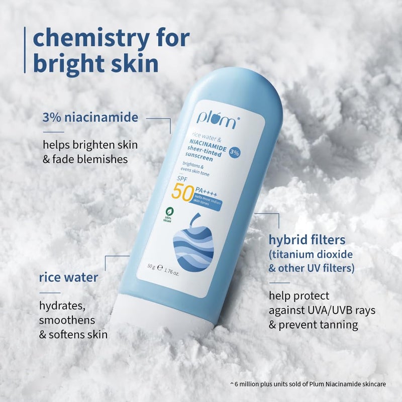Plum ماء الأرز البرقوق 3 نياسيناميد واقي شمس شفاف SPF 50 PA مناسب لمعظم درجات لون البشرة الهندية تغطية شفافة غير دهنية للنساء خالي من العطور 100 نباتي 50 جرام - Image 3