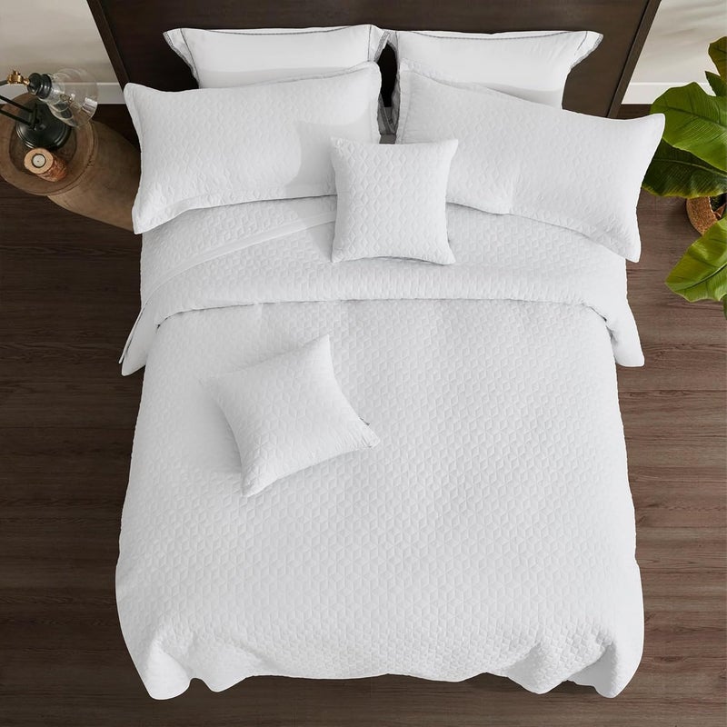 Blythease غطاء سرير ملكي كبير 128x120 عريض جداً، مظهر حديث ومعاصر، غطاء سرير خفيف الوزن، قابل للعكس، 5 قطع، 100% ميكروفايبر، أبيض نقي - Image 3