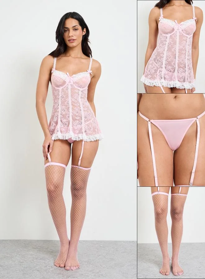 تايك تو Pink Lace Slip, Brief and Stocking Suspender Set
