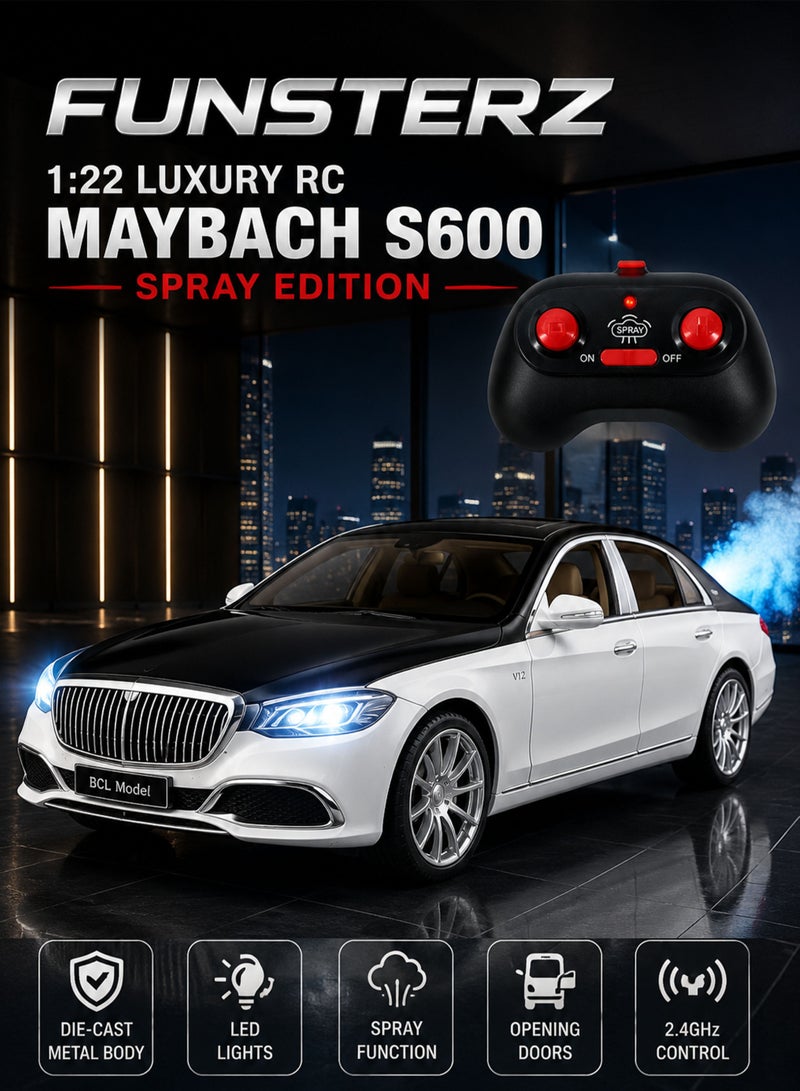 Funsterz 1:22 Luxury Mercedes-Benz Maybach S600 RC Spray Car Die-Cast Alloy Metal Body Remote Control Toy Car with LED Headlights Engine Sound Opening Doors Hood Trunk 2.4GHz Rechargeable Battery Drift Style Collectible Model Car for Kids Boys Girls Adults Car Lovers - Image 1