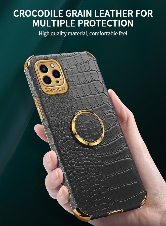 GROIC IPhone 14 Pro Case 6.1 Inch Ring Holder Magnetic Luxury Crocodile Cover Gold Edge 360 Degree Rotation Stand Slim Leather Protective - Black - Image 2