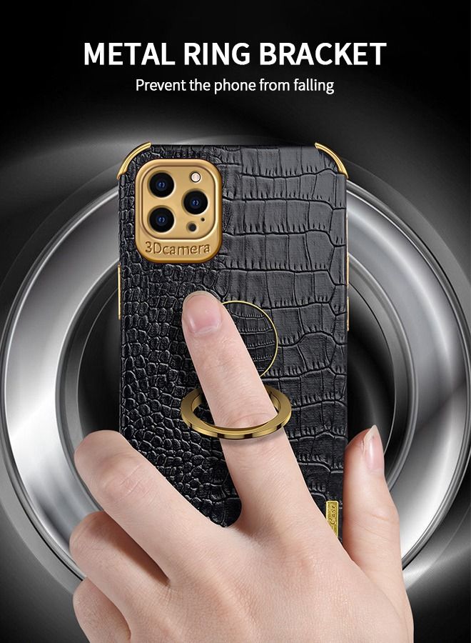 GROIC IPhone 14 Pro Case 6.1 Inch Ring Holder Magnetic Luxury Crocodile Cover Gold Edge 360 Degree Rotation Stand Slim Leather Protective - Black - Image 4