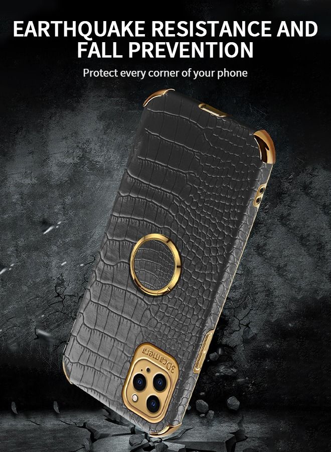 GROIC IPhone 14 Pro Case 6.1 Inch Ring Holder Magnetic Luxury Crocodile Cover Gold Edge 360 Degree Rotation Stand Slim Leather Protective - Black - Image 5