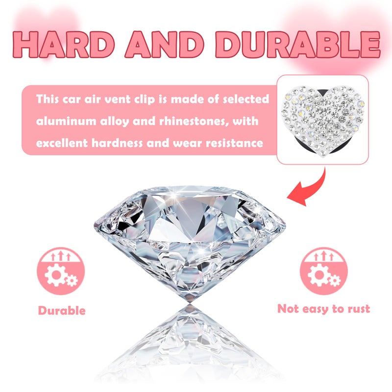 carleef 4PCS Heart-Shaped Car Vent Clips with Rhinestone,Bling Air Vent Clips Car Decorations,Premium Shiny Car Clips for Vents CCar Accessories Interior for Cars,Trucks,SUVs (White) - Image 3
