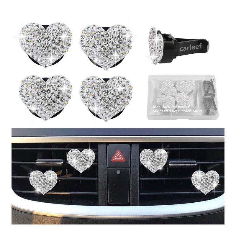 carleef 4PCS Heart-Shaped Car Vent Clips with Rhinestone,Bling Air Vent Clips Car Decorations,Premium Shiny Car Clips for Vents CCar Accessories Interior for Cars,Trucks,SUVs (White) - Image 1
