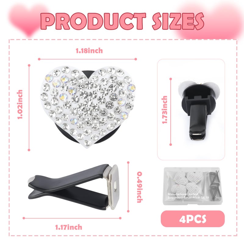 carleef 4PCS Heart-Shaped Car Vent Clips with Rhinestone,Bling Air Vent Clips Car Decorations,Premium Shiny Car Clips for Vents CCar Accessories Interior for Cars,Trucks,SUVs (White) - Image 2