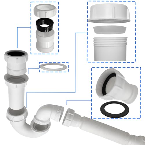TGEOND White 1 1/4" and 1-1/2" PVC P-Trap Plumbing Kit with Threaded Adapter, J-Bend for Restroom Sink Kitchen Sink Drain Pipe, Flexible Extension Tube Drain Tailpiece - Image 3