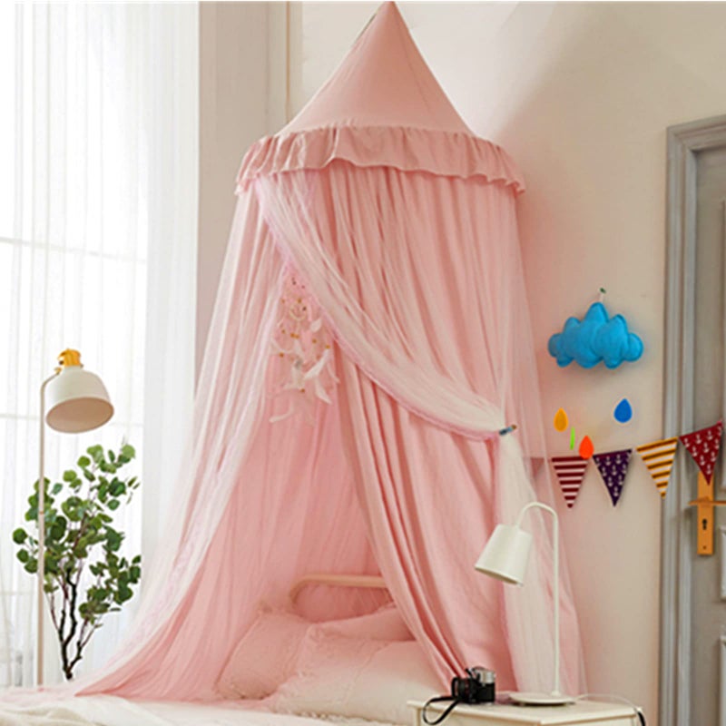 VETHIN Bed Canopy for with LightsDouble Layer Princess Round Dome Dreamy Mosquito Net Bedding Girls Room Castle Play Tent Hanging House Decor Reading Nook CanopiesBeige PinkWhite