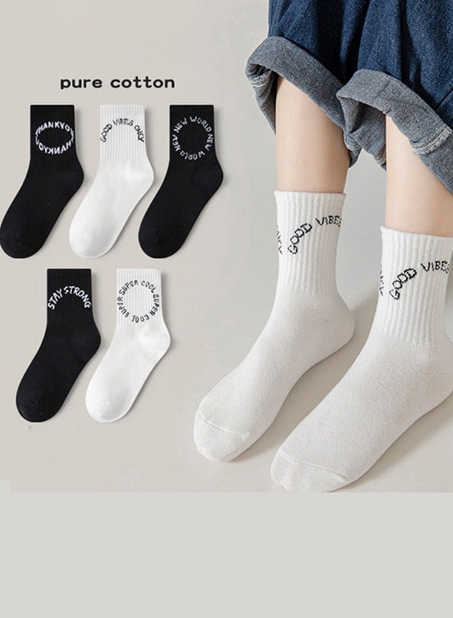 5 أزواج من جوارب الأطفال، جوارب قطنية كلاسيكية ذات لون سادة باللونين الأسود والأبيض، جوارب للطلاب للأولاد والبنات، مناسبة لعمر 9-12 عامًا - Image 1