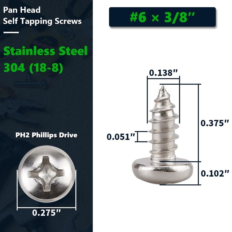 RoyceMart #6 X 3/8"" (100 Pack) Stainless Steel Phillips Pan Head Wood Screws Stainless Steel 304 (18-8) Pan Head Sheet Metal Screws Self Tapping For Wood - Image 2