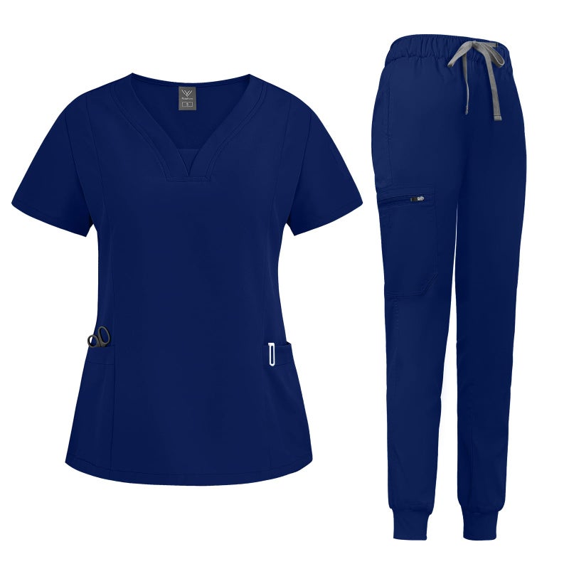 niaahinn Scrub for Women Set Modern Vneck Top Tapered Leg Jogger Pants with Drawstring Medical Nursing Uniforms Set Navy BlueXS