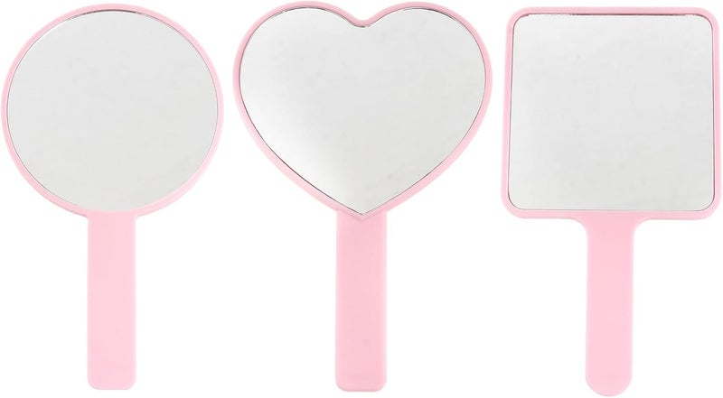 3pcs Handheld Cosmetic Mirrors Set Portable Travel Makeup Mirrors Pink Handle Square Round Heart Shapes for Women - Image 1