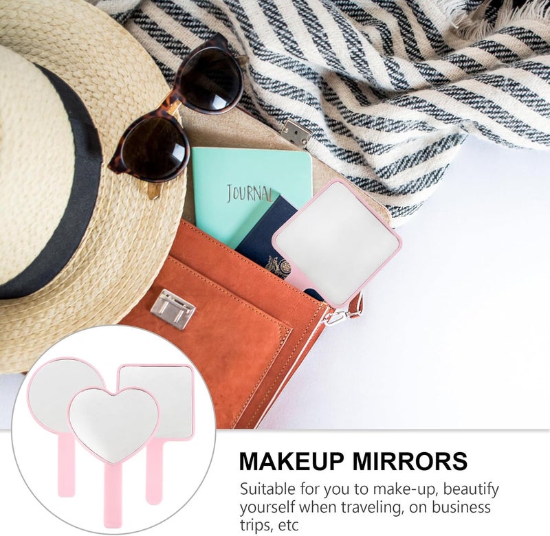 3pcs Handheld Cosmetic Mirrors Set Portable Travel Makeup Mirrors Pink Handle Square Round Heart Shapes for Women - Image 3