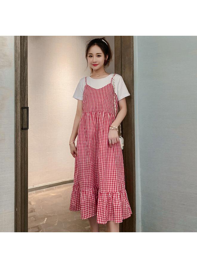 Pregnant Women's Summer New Fashion Net Red Short Sleeve Stitching Plaid Dress Pregnant Women's Summer Fake Two-piece Dress