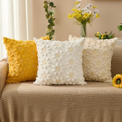 DFXSZ Spring Summer Pillow Covers 16x16 inch Set of 2 Farmhouse Decor Yellow Color Flower Heart Sunflower Soft Plush Faux Fur Jacquard Throw Pillows for Sofa Holiday Spring Home Decor PTK024C16 - Image 3