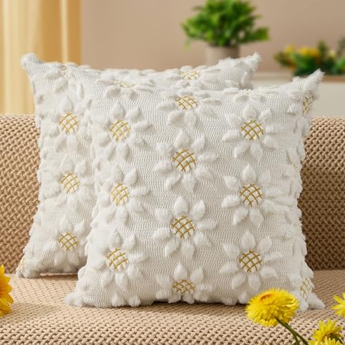 DFXSZ Spring Summer Pillow Covers 16x16 inch Set of 2 Farmhouse Decor Yellow Color Flower Heart Sunflower Soft Plush Faux Fur Jacquard Throw Pillows for Sofa Holiday Spring Home Decor PTK024C16 - Image 1