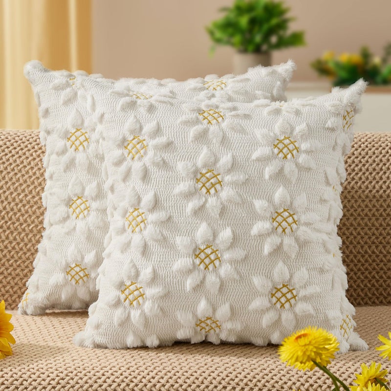 DFXSZ Spring Summer Pillow Covers 16x16 inch Set of 2 Farmhouse Decor Yellow Color Flower Heart Sunflower Soft Plush Faux Fur Jacquard Throw Pillows for Sofa Holiday Spring Home Decor PTK024C16 - Image 2
