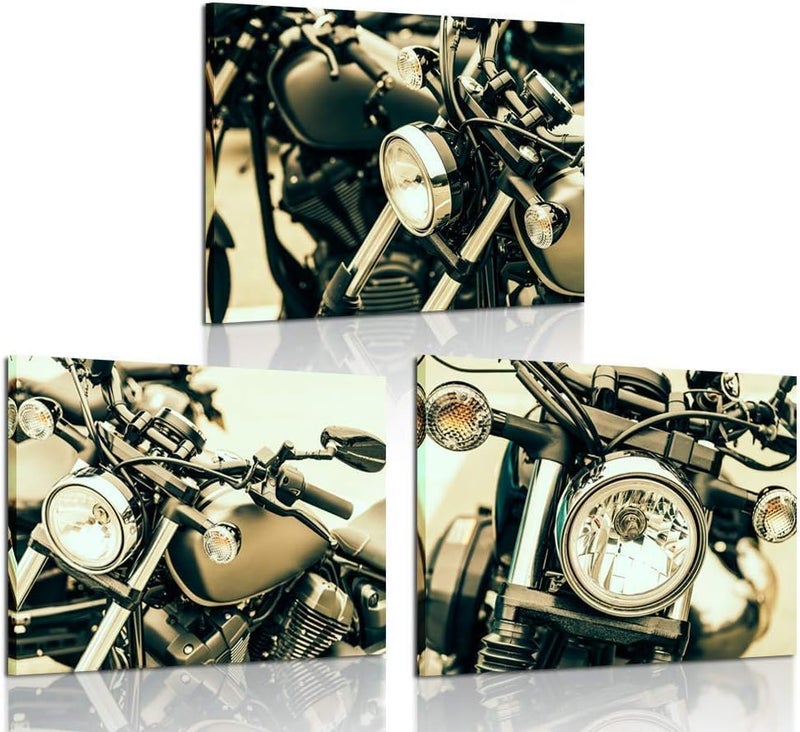 BPA Vintage Motorcycle Headlight Canvas Wall Art - 3 Piece Set - Image 1
