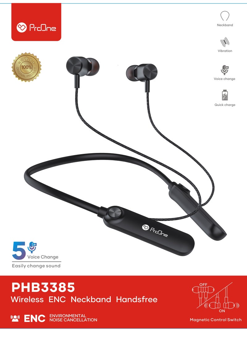 ProOne PHB3385 Wireless ENC Neckband Handsfree – 100 Hours Playtime, Vibration Alerts, 5 Voice Effects, Magnetic Design - Image 2
