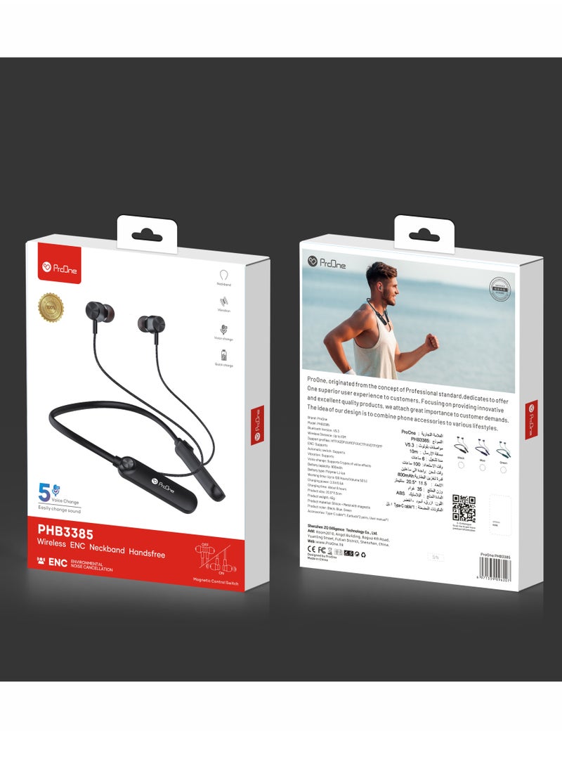 ProOne PHB3385 Wireless ENC Neckband Handsfree – 100 Hours Playtime, Vibration Alerts, 5 Voice Effects, Magnetic Design - Image 3