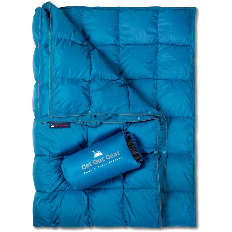 Get Out Gear Double Puffy Camping Blanket  Extra Puffy Packable Lightweight and Warm  Ideal for Outdoors Travel Stadium Festivals Beach Hammock  WaterResistant Camp Quilt Teal BlueGray