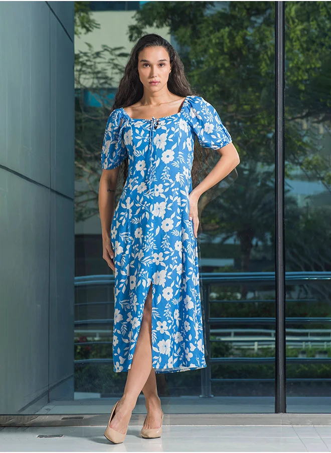 فيرجيو VIRGIO 100% Viscose Printed Tie-Up Midi Dress With Slit