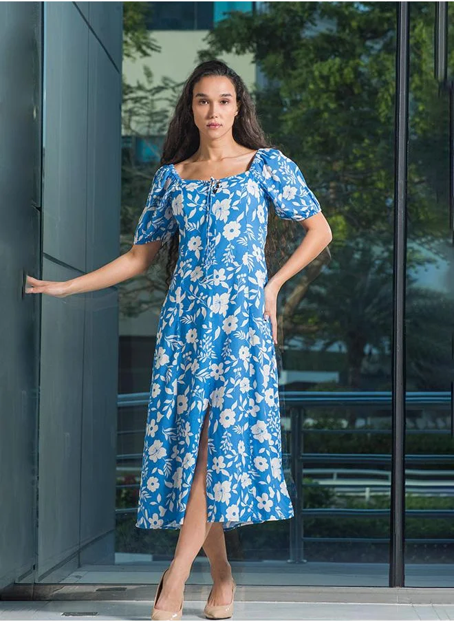 فيرجيو VIRGIO 100% Viscose Printed Tie-Up Midi Dress With Slit