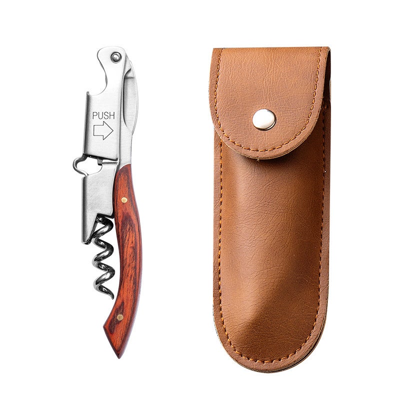 Red Wine Bottle Opener Stainless Steel Multifunctional Haima Knife Beer Opener Portable Wine Knife Starter Home High-endJD-05 color wood flat handle wine knife + leather case JD-05 color wood flat handle wine knife + leather case
