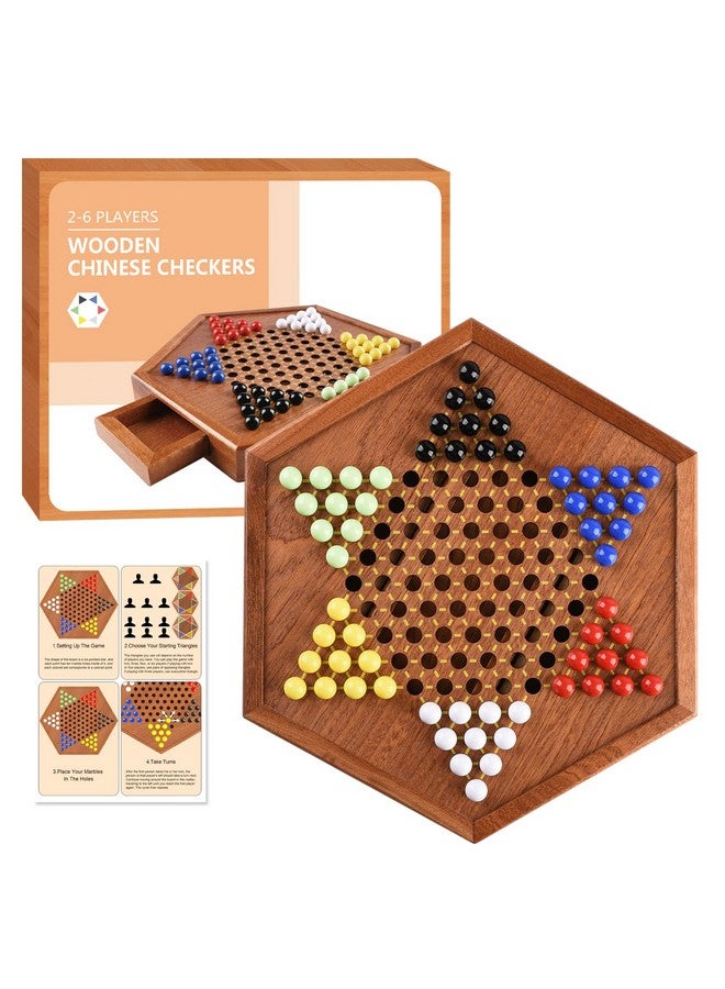 ALANGDUO Wooden Chinese Checkers with Drawers 12 Bonus Spare Marbles| Natural Wooden Board Game| Includes 60 Colorful Acrylic Marbles | Family Board Game for Kids and Adults(12.7 Inches) - Image 2