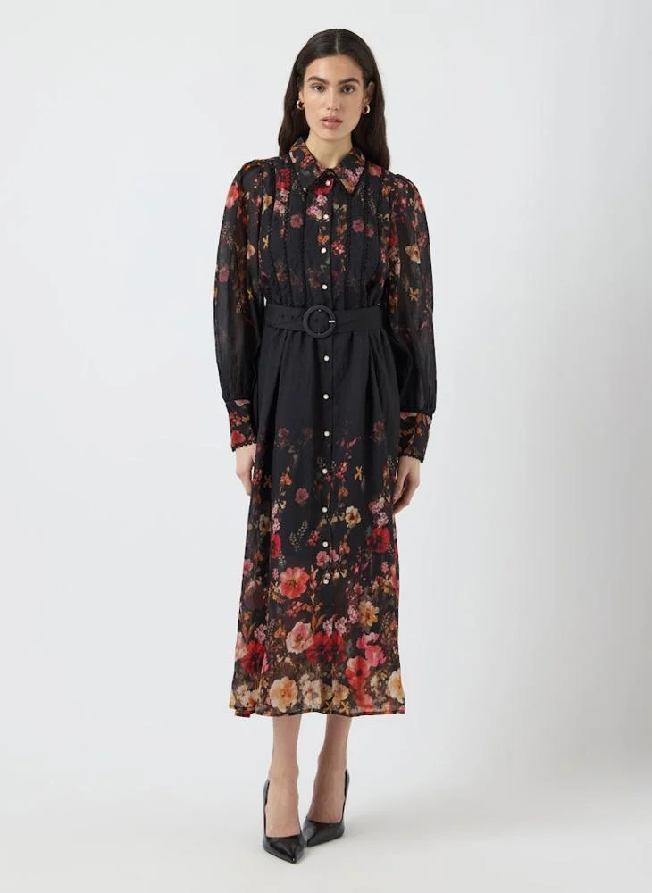Floral Print Belt Detail Midi Shirt Dress