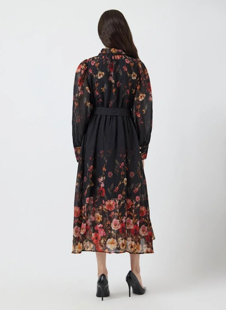YAS  Floral Print Belt Detail Midi Shirt Dress for Women | Best Price UAE