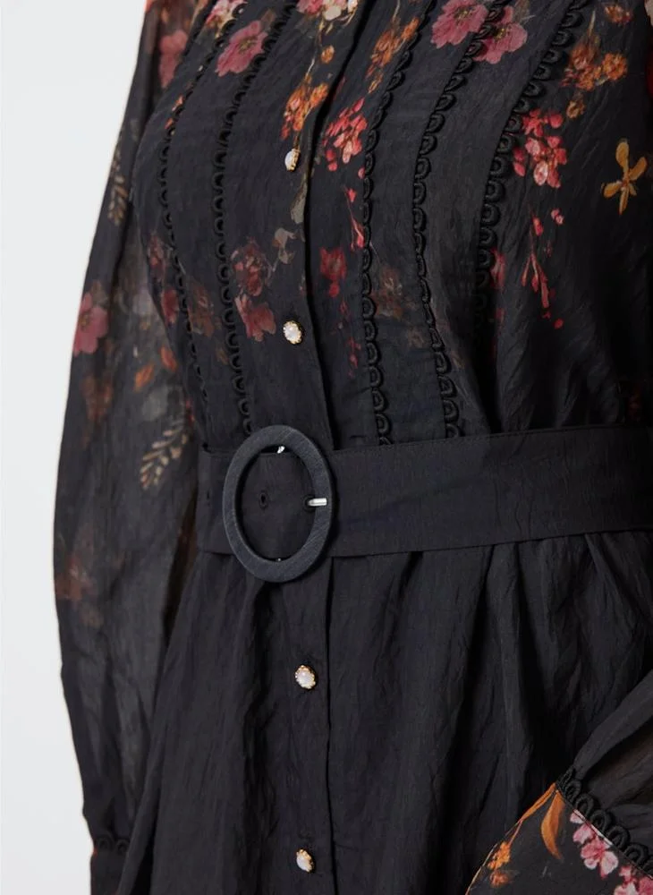 YAS  Floral Print Belt Detail Midi Shirt Dress for Women | Best Price UAE