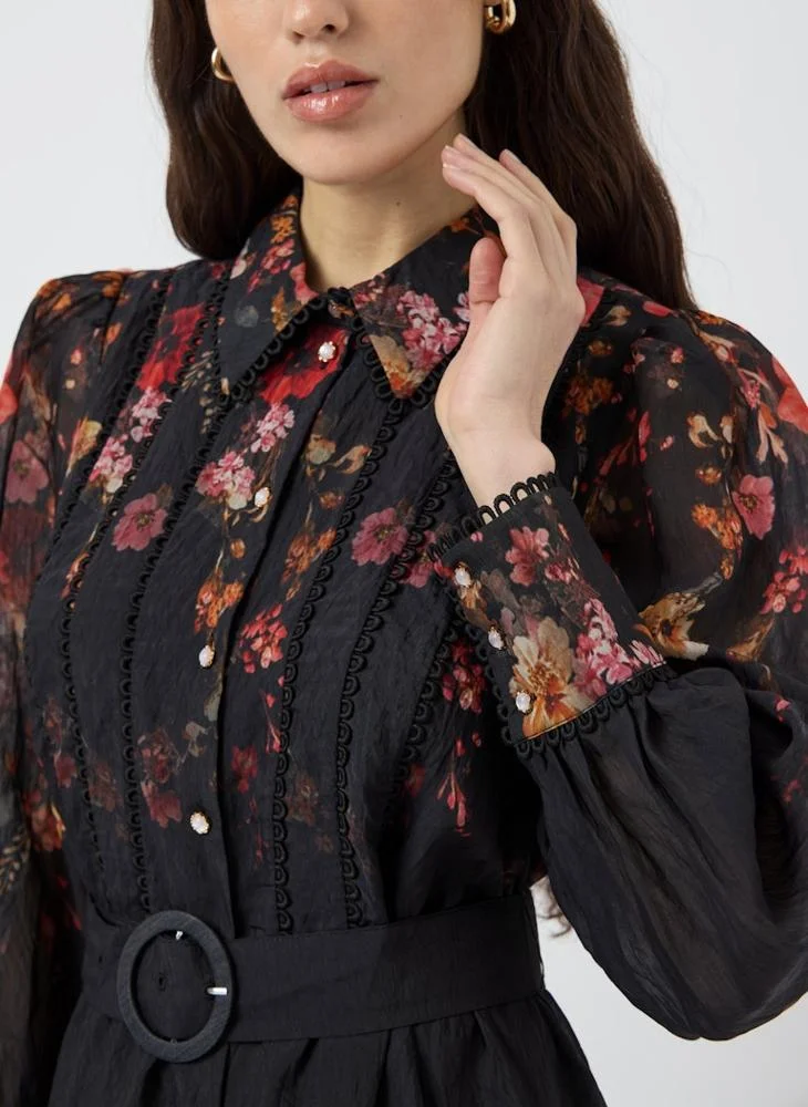 YAS  Floral Print Belt Detail Midi Shirt Dress for Women | Best Price UAE