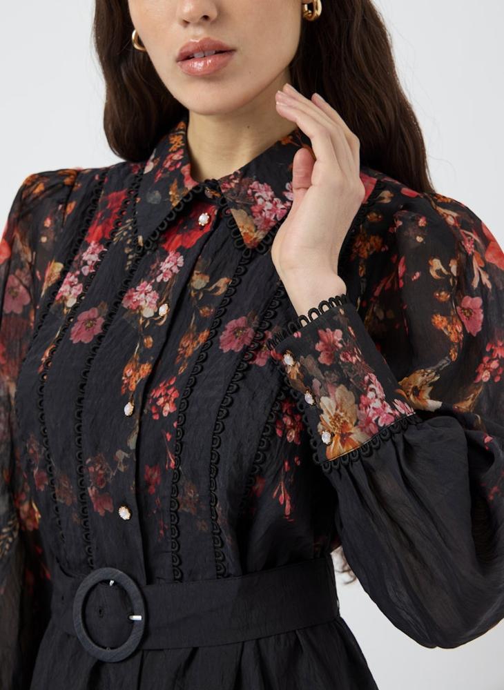 YAS Floral Print Belt Detail Midi Shirt Dress - Image 4