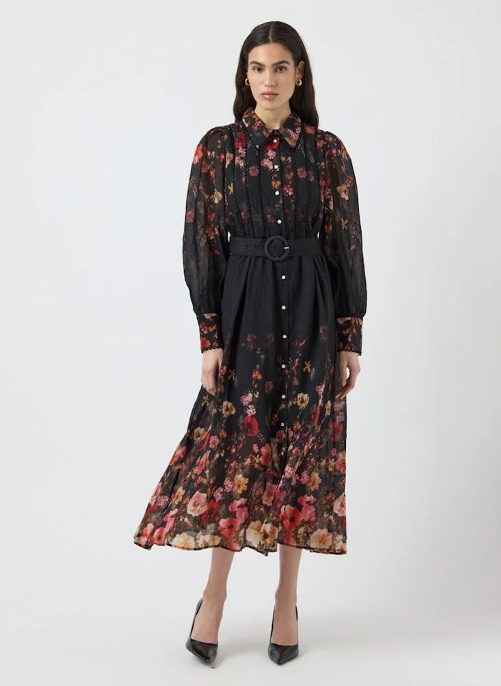 YAS  Floral Print Belt Detail Midi Shirt Dress for Women | Best Price UAE
