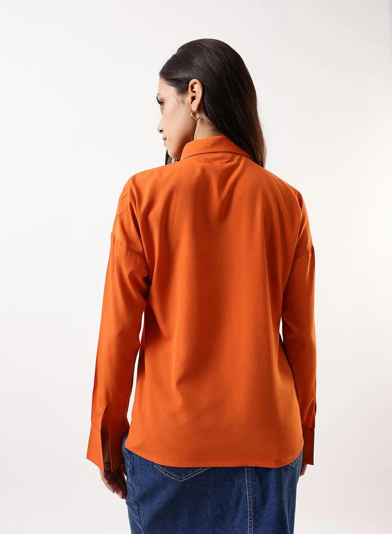 Dennis Lingo Women's Rust Poly Crepe Solid Button Down Regular Fit Shirt