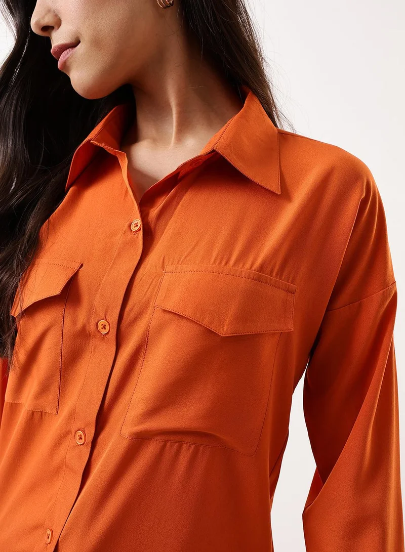 Dennis Lingo Women's Rust Poly Crepe Solid Button Down Regular Fit Shirt