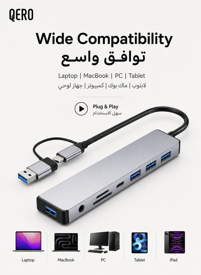 كيورو موزع USB-C 7 في 1 من QERO مع محول USB-A، قاعدة ألمنيوم متعددة المنافذ مع USB 3.0 وقارئ SD/TF وصوت 3.5 مم - Image 4