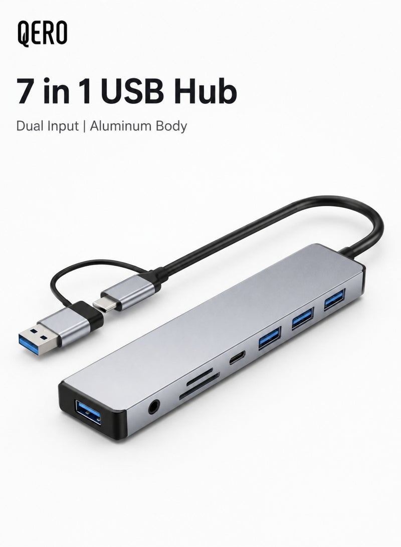كيورو موزع USB-C 7 في 1 من QERO مع محول USB-A، قاعدة ألمنيوم متعددة المنافذ مع USB 3.0 وقارئ SD/TF وصوت 3.5 مم - Image 1