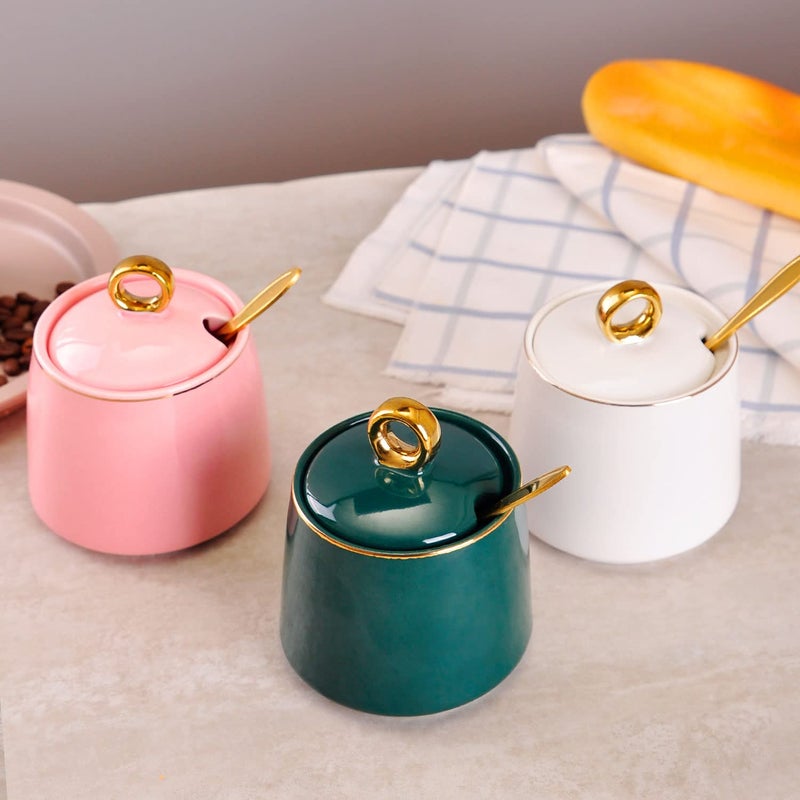 WHJY Ceramic Sugar Bowl with Lid and Spoon, Simple White Clear Porcelain Salt Bowl Salt Container, Modern Spice Box Seasoning Jar for Home and Kitchen Coffee Bar - White - Image 5