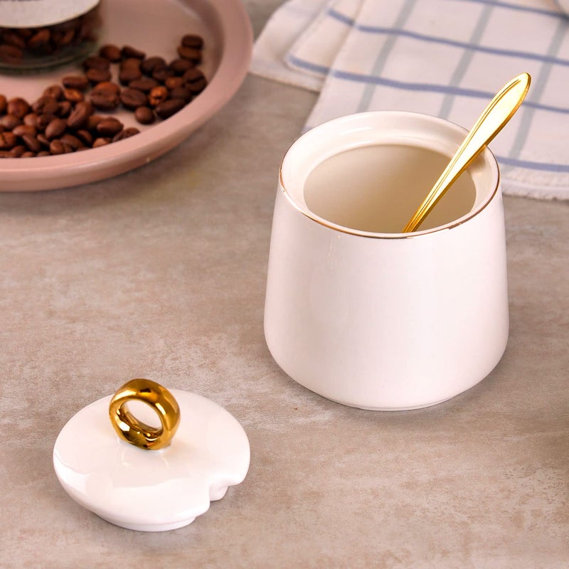 WHJY Ceramic Sugar Bowl with Lid and Spoon, Simple White Clear Porcelain Salt Bowl Salt Container, Modern Spice Box Seasoning Jar for Home and Kitchen Coffee Bar - White - Image 3