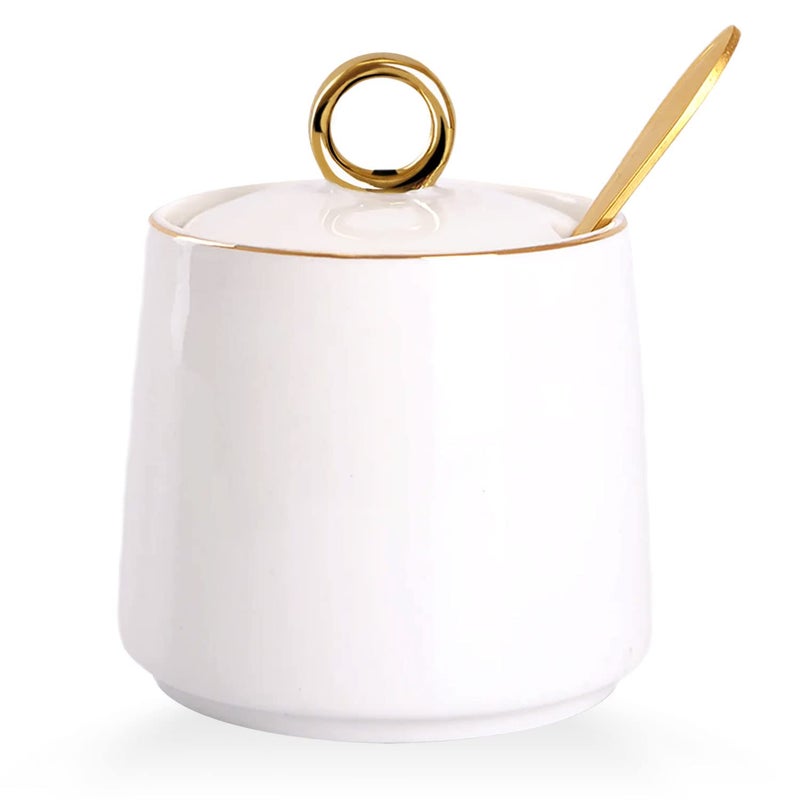 WHJY Ceramic Sugar Bowl with Lid and Spoon, Simple White Clear Porcelain Salt Bowl Salt Container, Modern Spice Box Seasoning Jar for Home and Kitchen Coffee Bar - White - Image 1