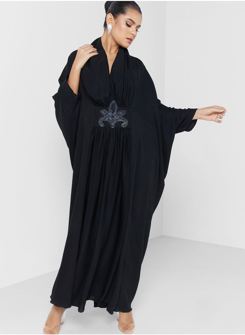 hayas closet - Embellished Cape Sleeve Plisse Abaya - Image 1