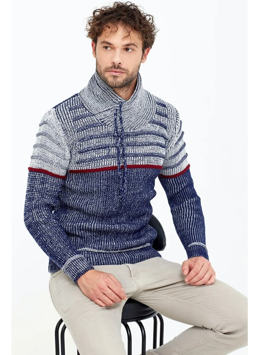 Cool Tarz Cool Style Men's Grey-Navy Shawl Collar Chest Striped Knitwear Sweater