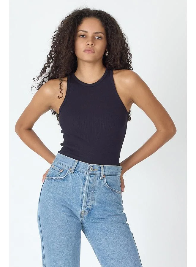 Mmetalic Women's Ribbed Cotton Tank Top - Regular Fit, Standard Cut, Navy Blue, Crew Neck, Sleeveless