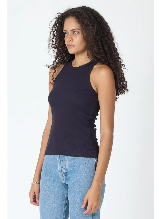 Mmetalic  Women's Ribbed Cotton Tank Top - Regular Fit, Standard Cut, Navy Blue, Crew Neck, Sleeveless for Women | Best Price UAE
