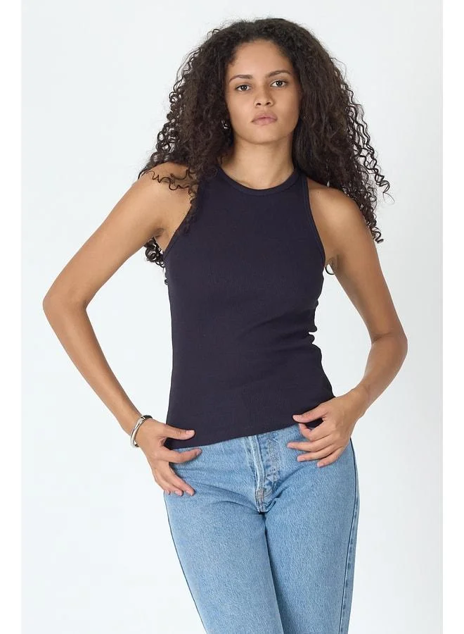 Mmetalic Women's Ribbed Cotton Tank Top - Regular Fit, Standard Cut, Navy Blue, Crew Neck, Sleeveless