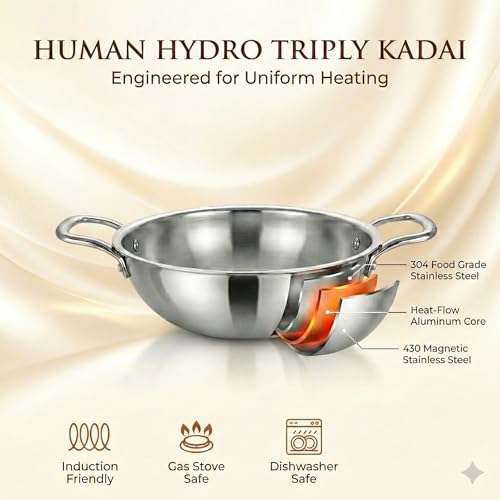 Human Hydro Triply Stainless Steel Kadai (24 CM / 2.8 L) | 3-Layer Steel-Aluminium-Steel Cookware | Induction & Gas Compatible | Easy to Clean & Heavy-Duty | Ideal for Frying, Stir-Frying & Curries - Image 3